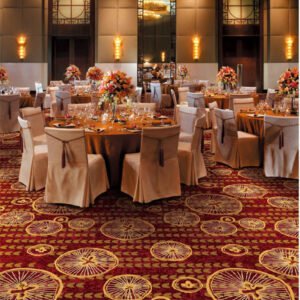 Red Banquet Carpet with Golden Sunburst Design